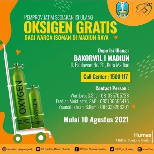 Bersama Pemprov Jatim Sediakan Isi Ulang Oksigen Gratis di Kota Madiun 